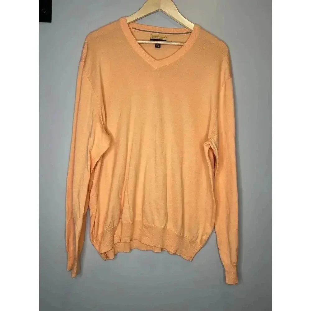 Club Room Men Sweater Sz Large Supima Cotton Preppy V Neck Coral Orange Pullover